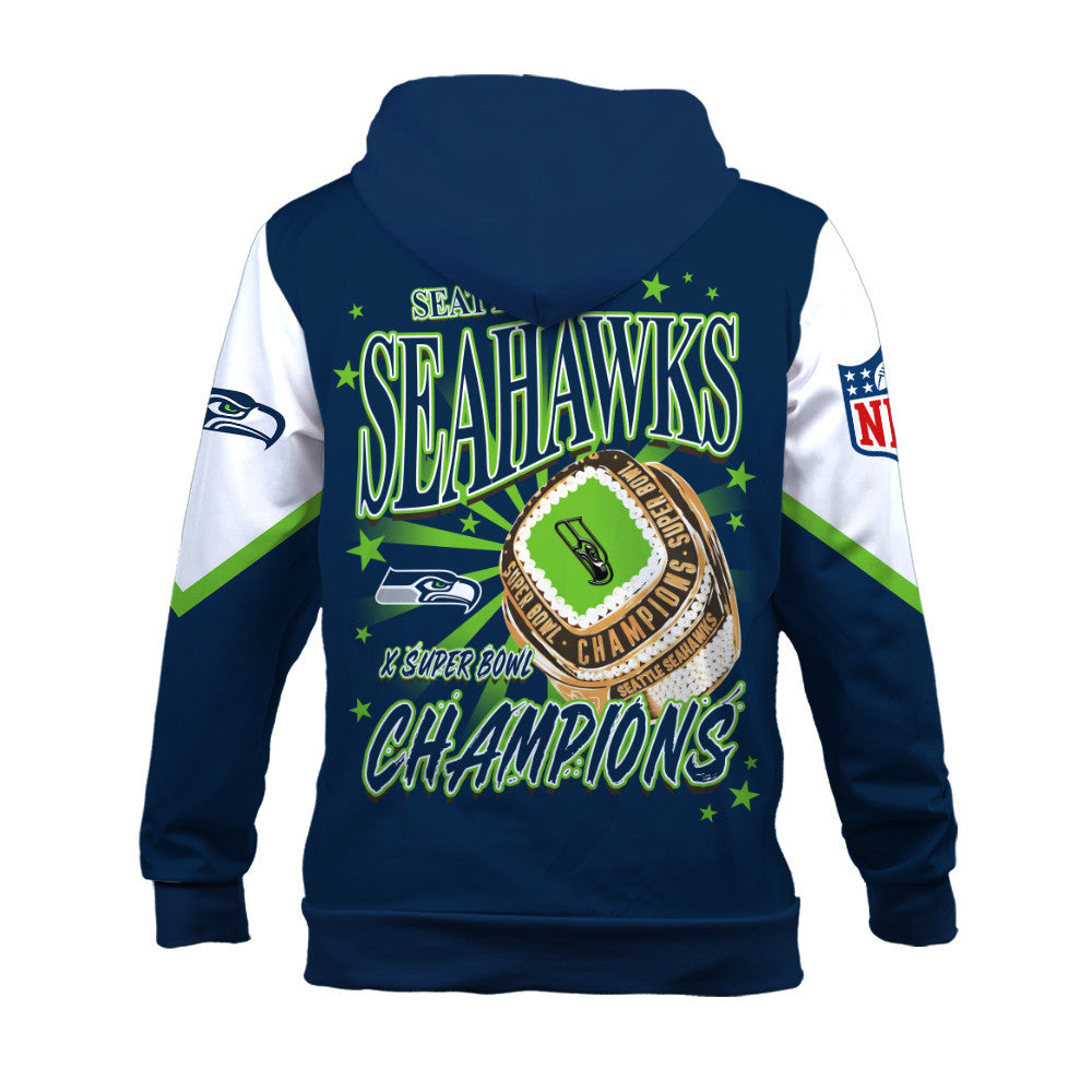 NFL Seattle Seahawks X Super Bowl Champions Gold Ring 3D Zip Hoodie