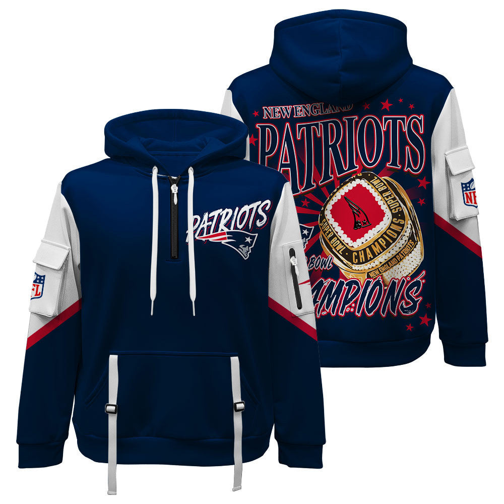 NFL New England Patriots 6X Super Bowl Champions Gold Ring Quarter Zip Hoodie