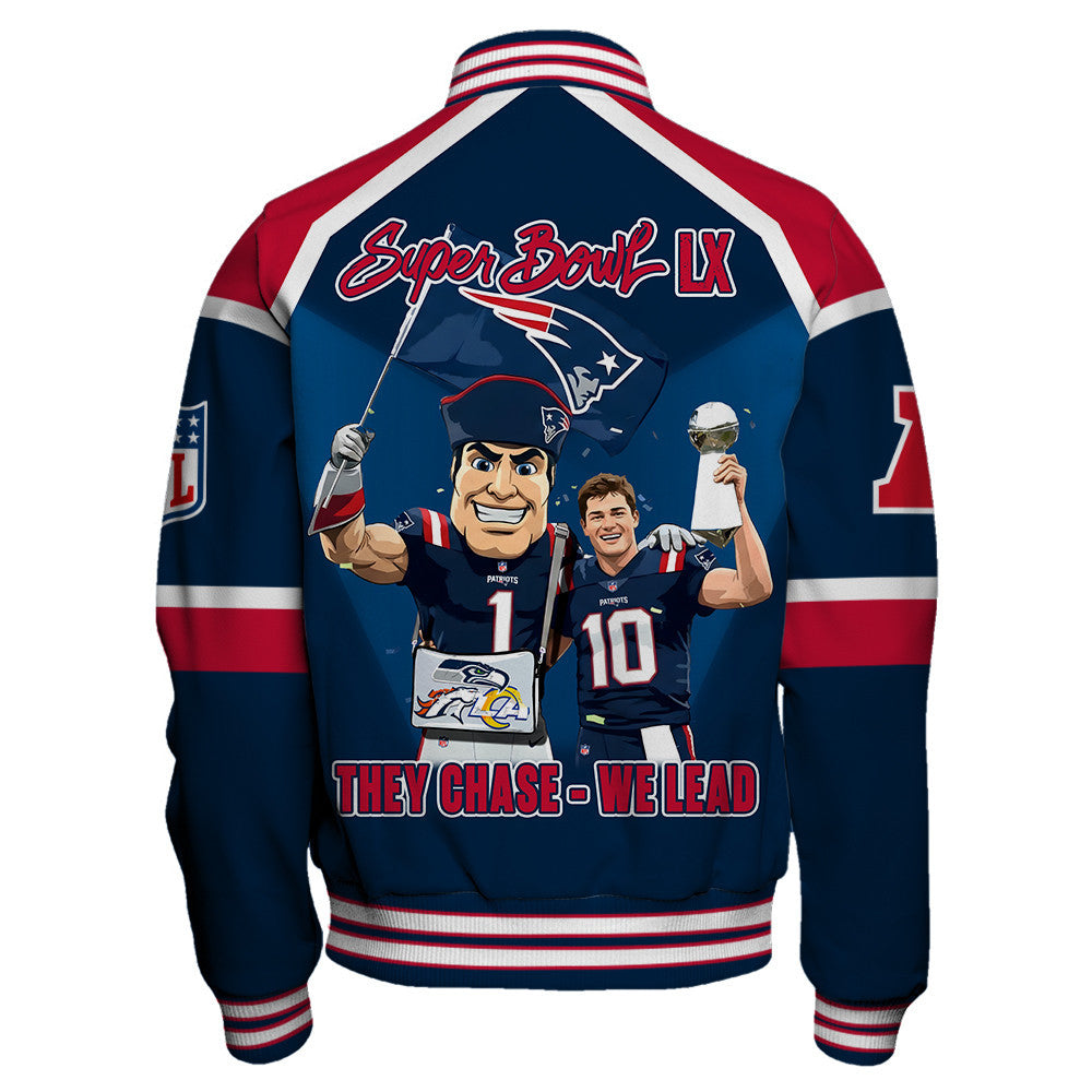 New England Patriots Super Bowl LX Champions They Chase - We Lead Varsity Jacket