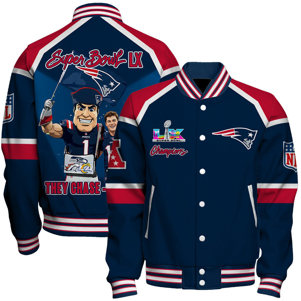 New England Patriots Super Bowl LX Champions They Chase - We Lead Varsity Jacket