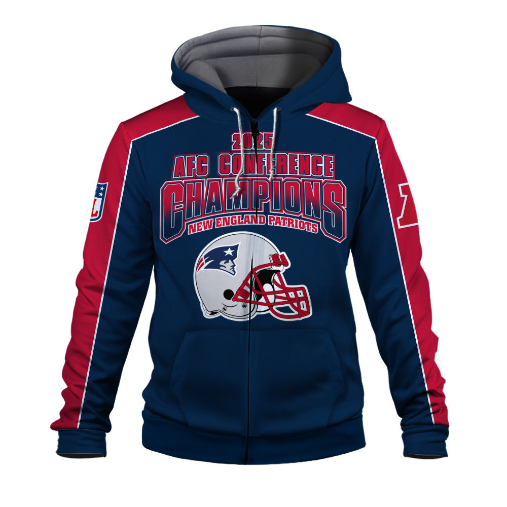 New England Patriots Courage & Glory 2025 AFC Conference Champions 3D Zip Hoodie