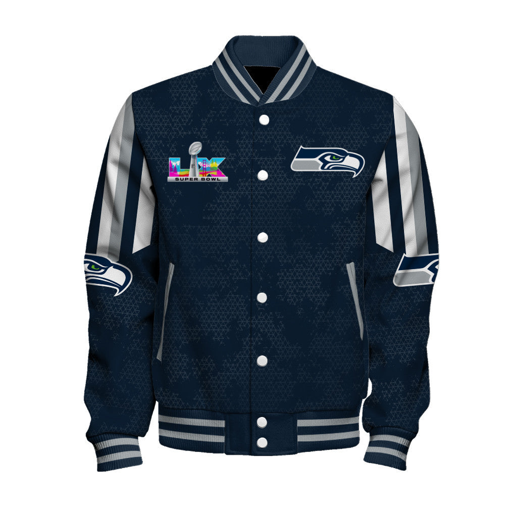 Seattle Seahawks In Full Retro Pattern, Super Bowl LX Varsity Jacket