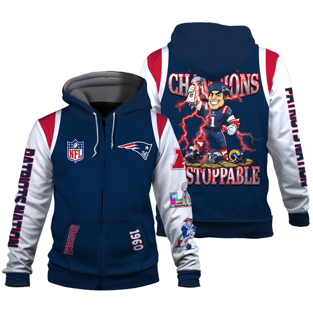 New England Patriots 2025 Super Bowl Champions Unstoppable 3D Zip Hoodie