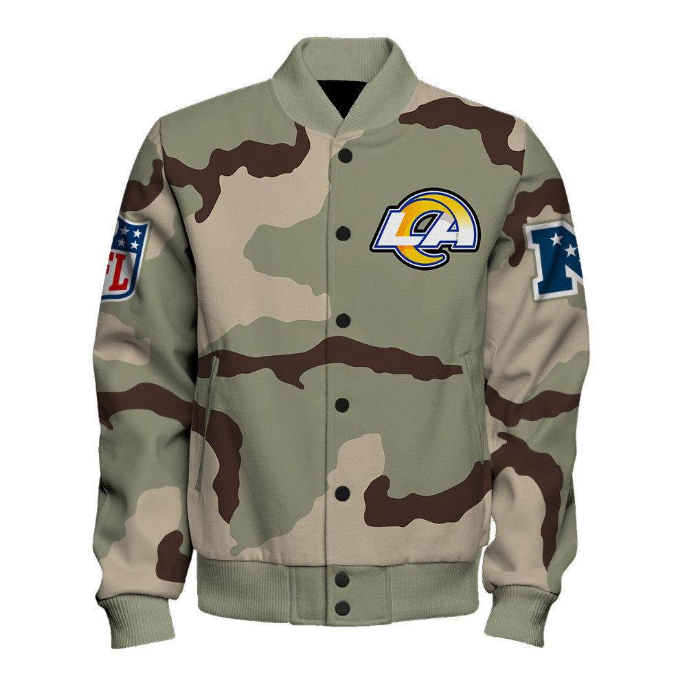 Los Angeles Rams Unique Military Green Design, Large Logo On The Back Varsity Jacket