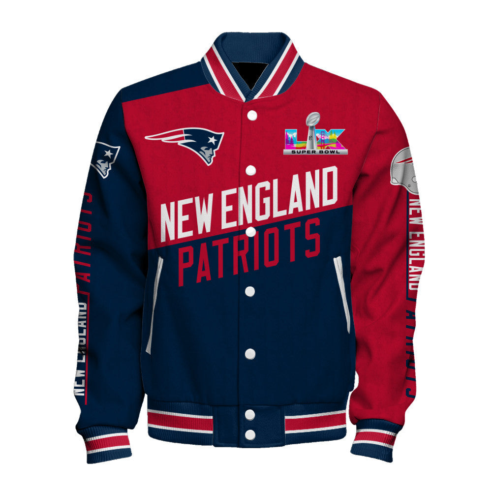 New England Patriots Angular Cut Design and Super Bowl Logo LX Varsity Jacket