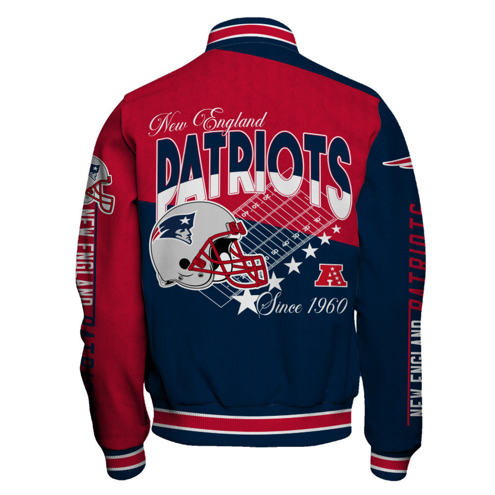 New England Patriots Angular Cut Design and Super Bowl Logo LX Varsity Jacket
