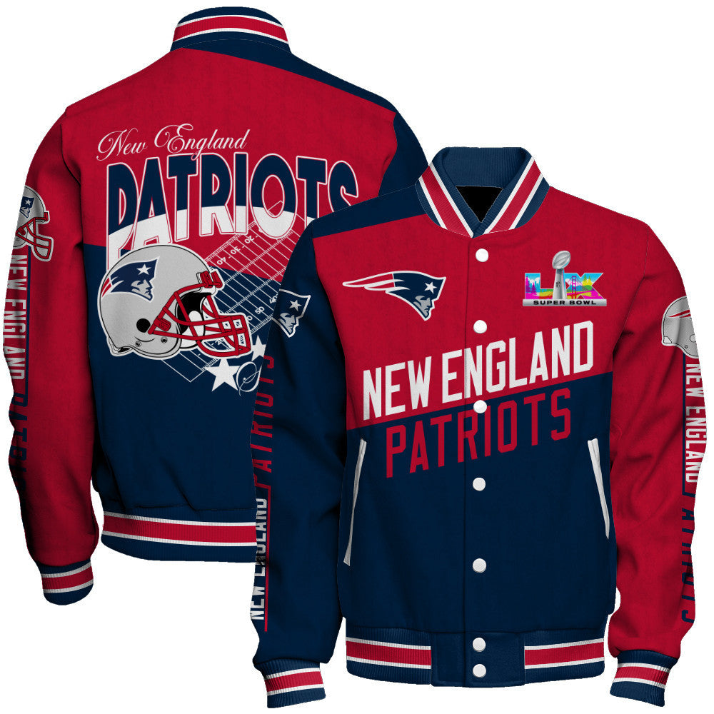 New England Patriots Angular Cut Design and Super Bowl Logo LX Varsity Jacket