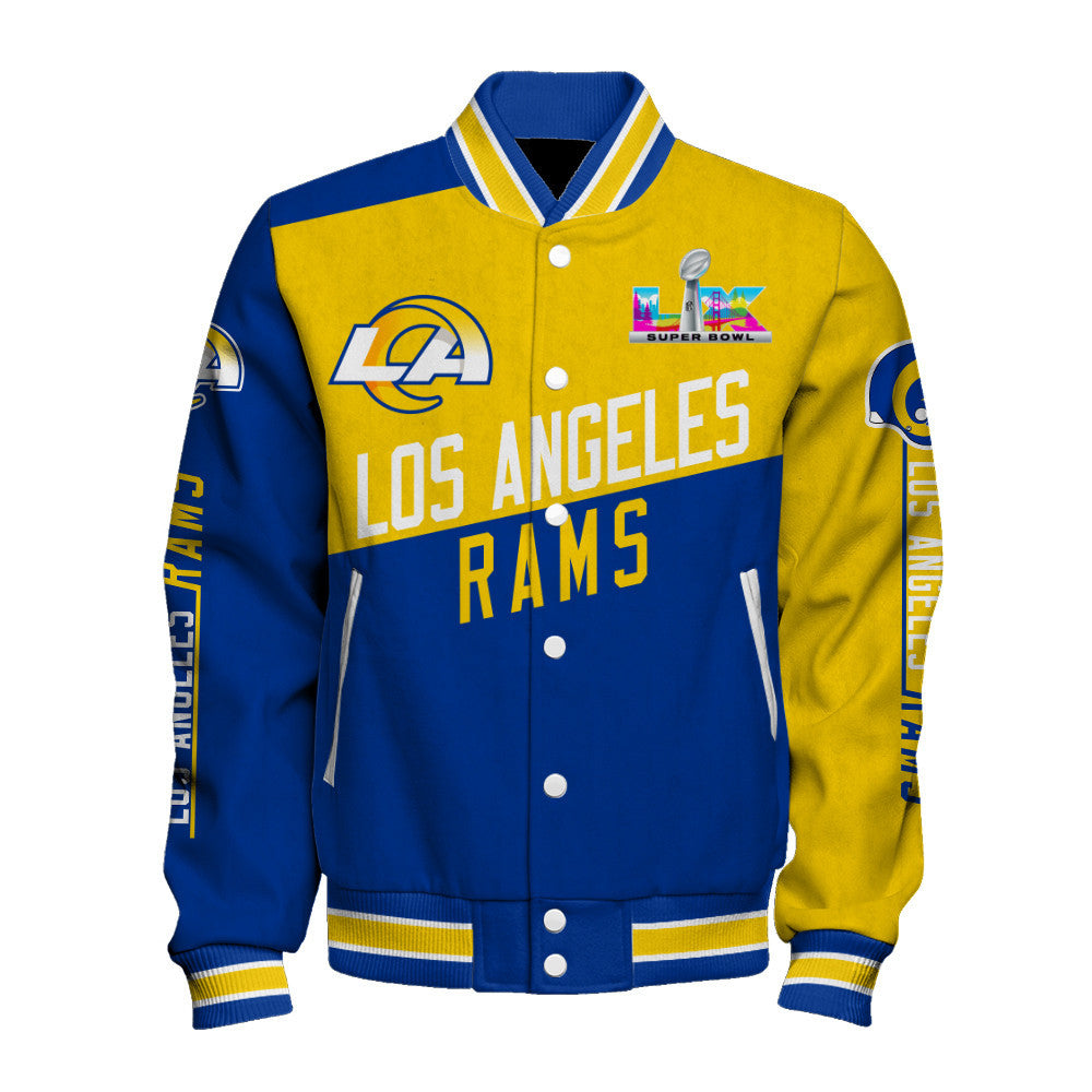 Los Angeles Rams Angular Cut Design and Super Bowl Logo LX Varsity Jacket