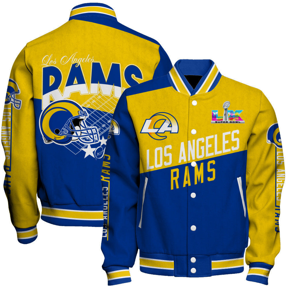 Los Angeles Rams Angular Cut Design and Super Bowl Logo LX Varsity Jacket
