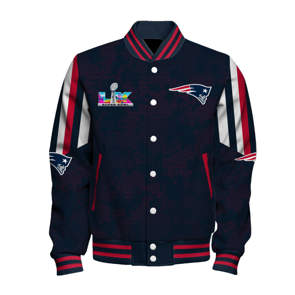 New England Patriots In Full Retro Pattern, Super Bowl LX Varsity Jacket