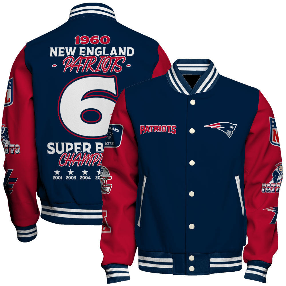 NFL New England Patriots 6X Super Bowl Champions Iconic Design Varsity Jacket