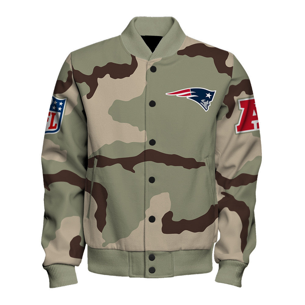 New England Patriots Unique Military Green Design, Large Logo On The Back Varsity Jacket