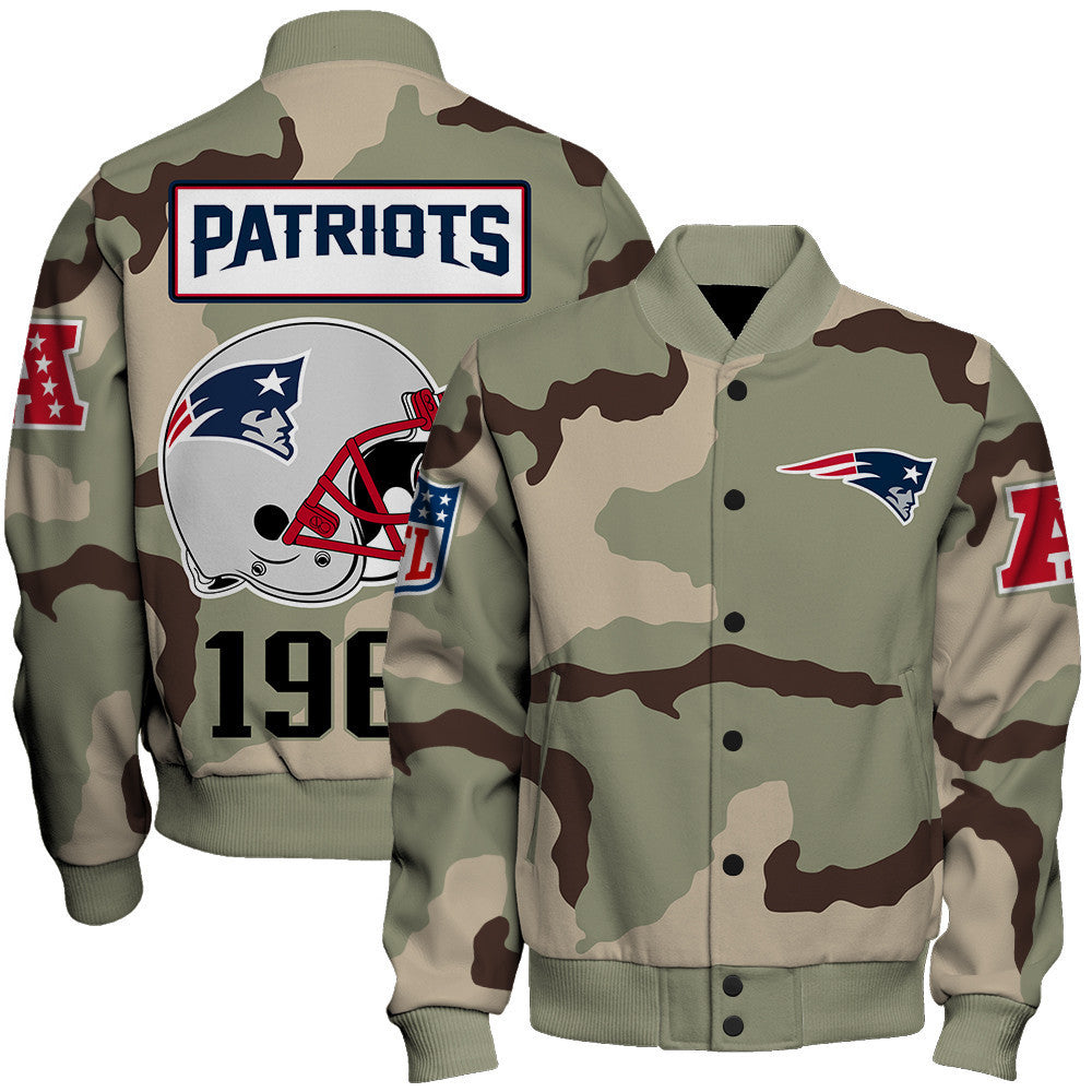 New England Patriots Unique Military Green Design, Large Logo On The Back Varsity Jacket