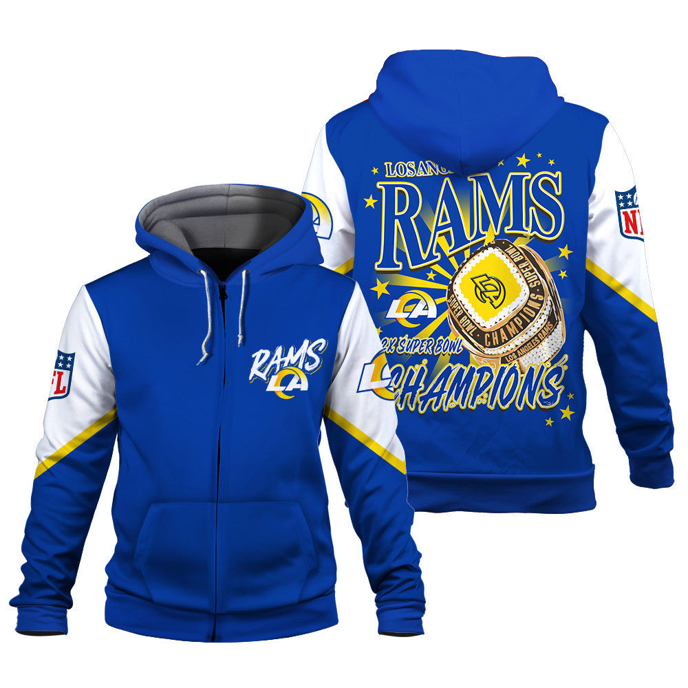 NFL Los Angeles Rams 2X Super Bowl Champions Gold Ring 3D Zip Hoodie