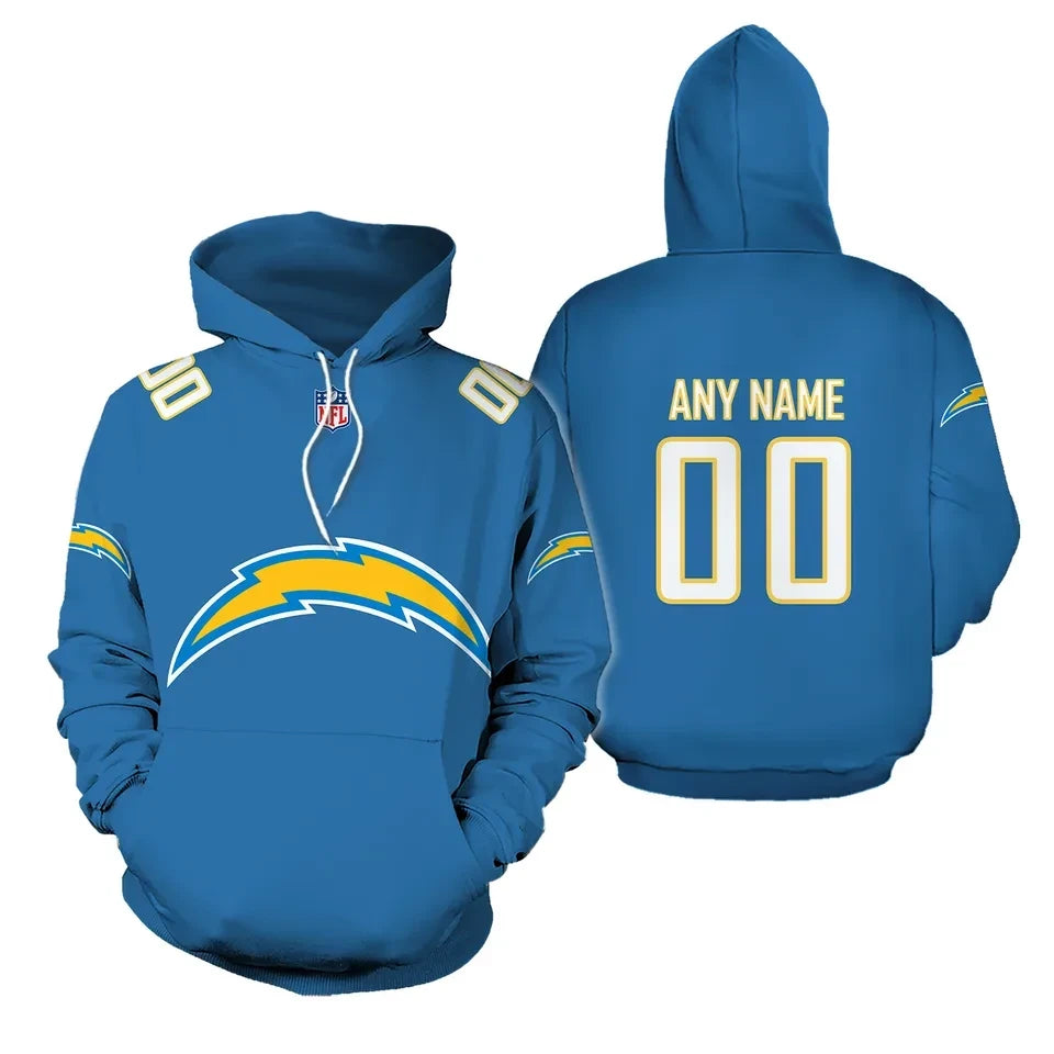 Los Angeles Chargers Custom Name and Number 3D Pullover Hoodie