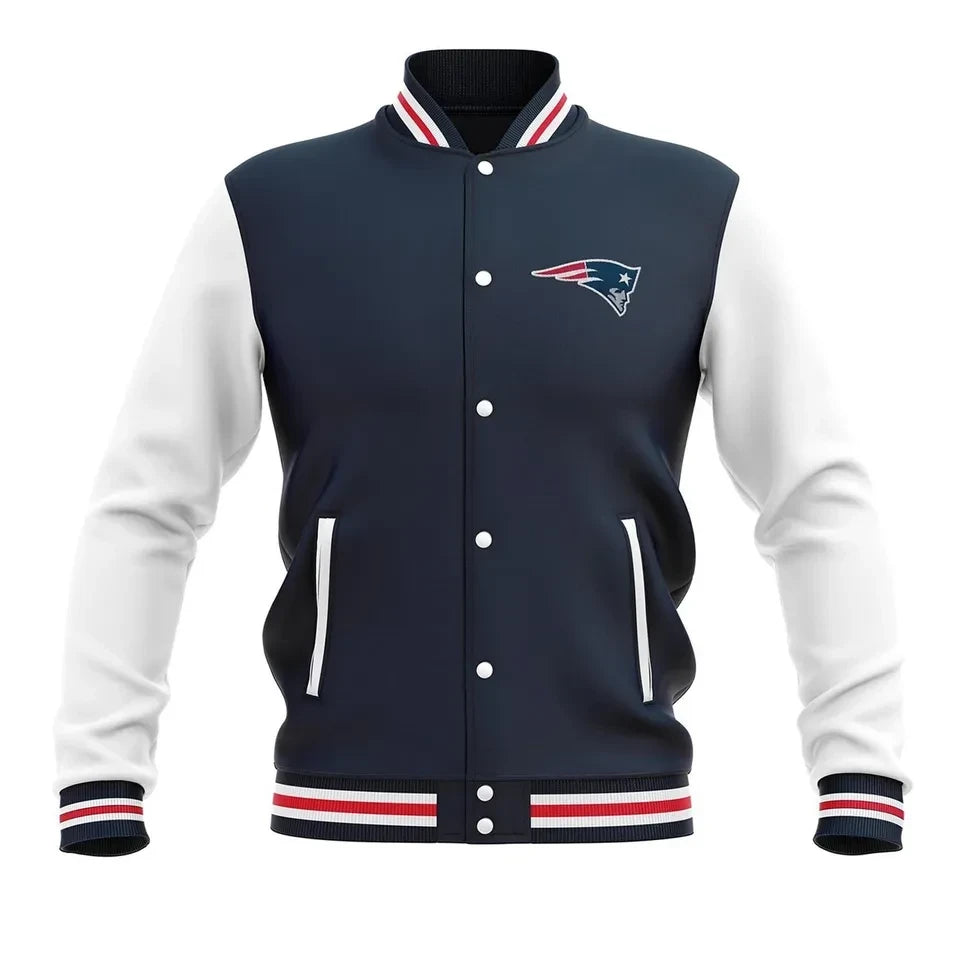 New England Patriots Navy White Heritage Personalized 3D Baseball Jacket