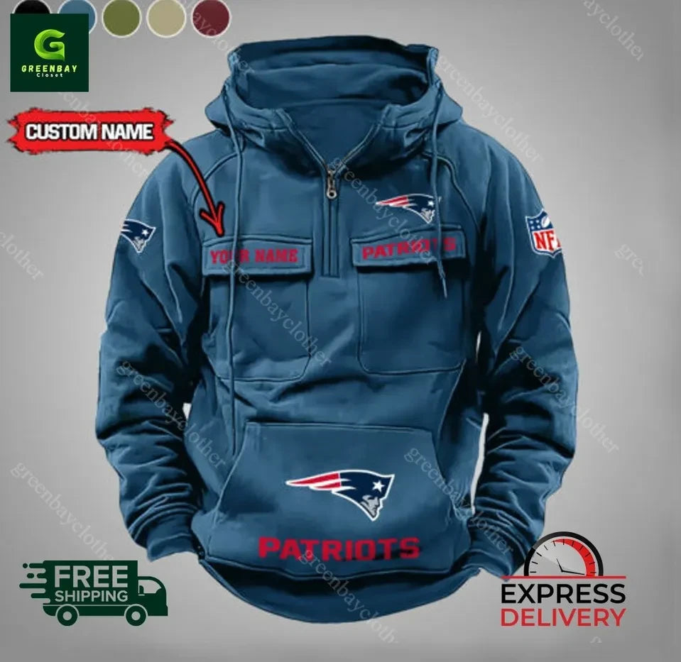 New England Patriots Personalized Front Panel Half Zip Hoodie