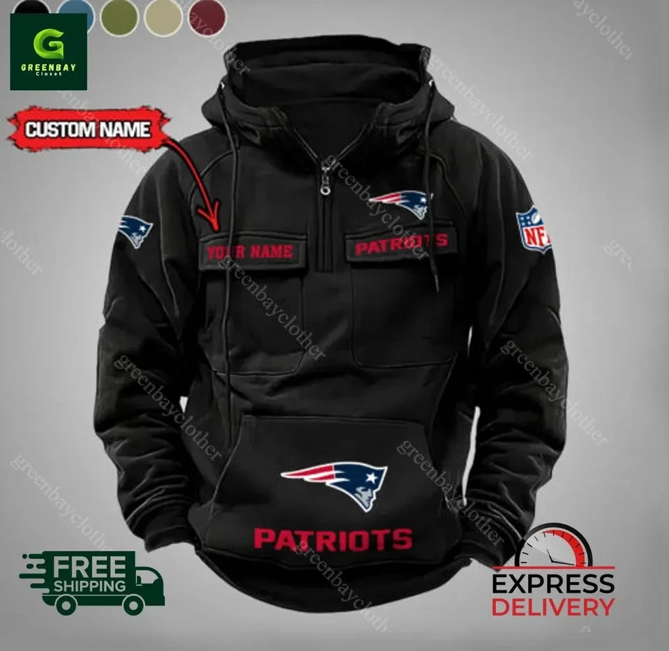 New England Patriots Personalized Front Panel Half Zip Hoodie