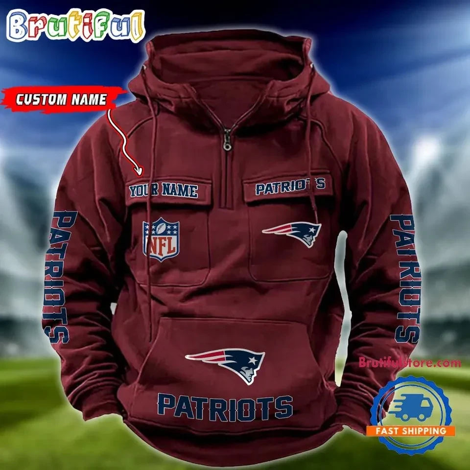 New England Patriots Vertical Sleeve Text Half Zip Hoodie