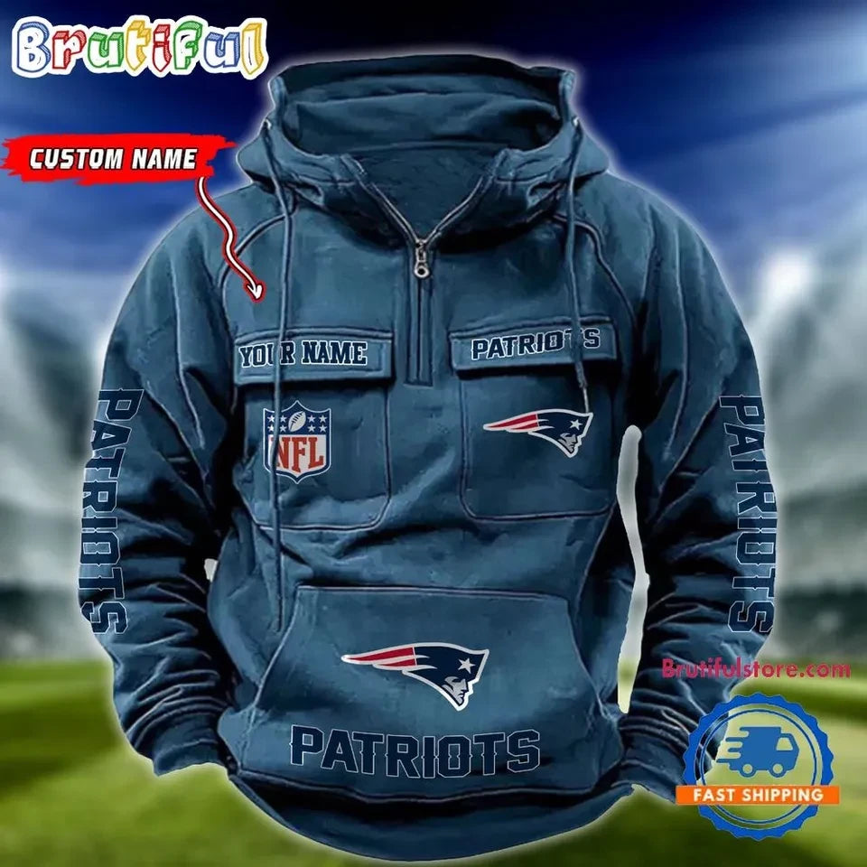 New England Patriots Vertical Sleeve Text Half Zip Hoodie
