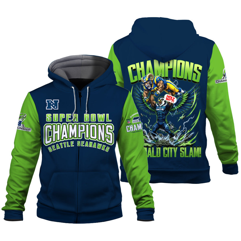 Seattle Seahawks 2025-26 NFC & Super Bowl Champions 3D Zip Hoodie