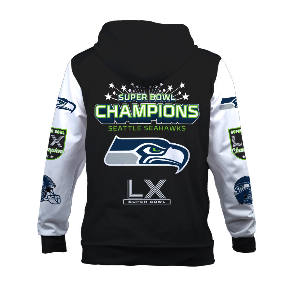 Seattle Seahawks Super Bowl LX Champions Wordmark 3D Hoodie
