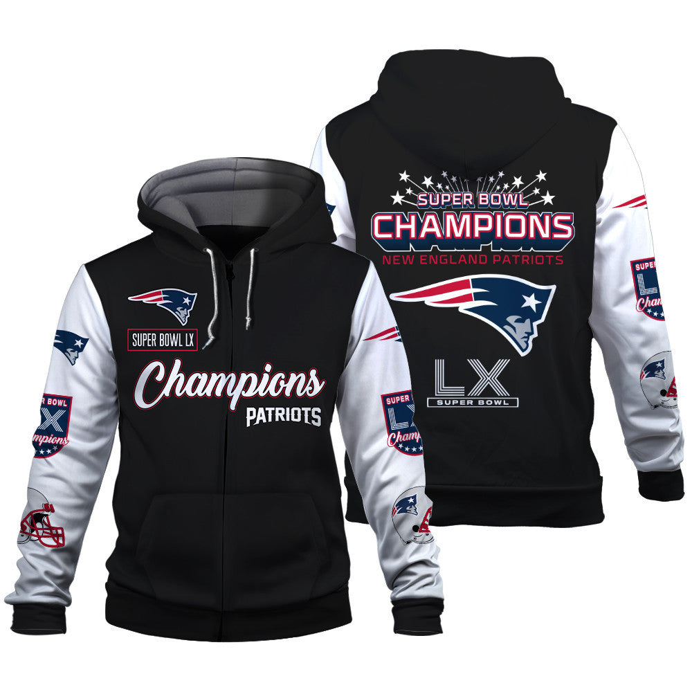 New England Patriots Super Bowl LX Champions Wordmark 3D Zip Hoodie