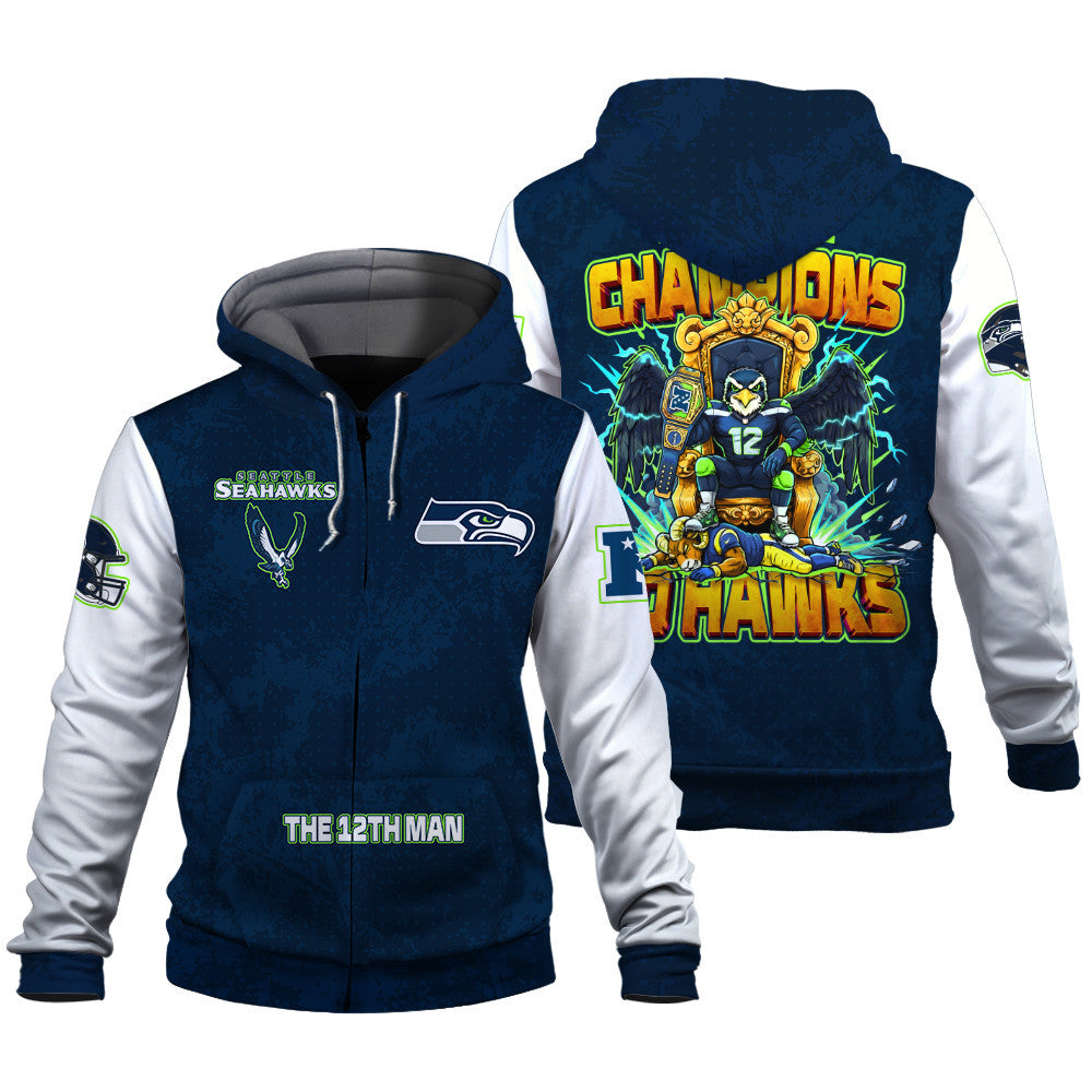 Seattle Seahawks 2025 NFC Champions Mascot Style 3D Zip Hoodie