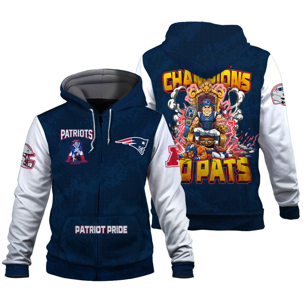 New England Patriots 2025 AFC Champions Mascot Style 3D Zip Hoodie