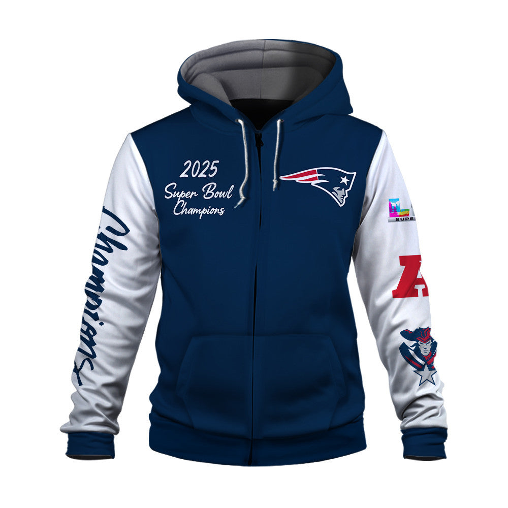 New England Patriots 2025-26 Super Bowl LX Champions 3D Zip Hoodie