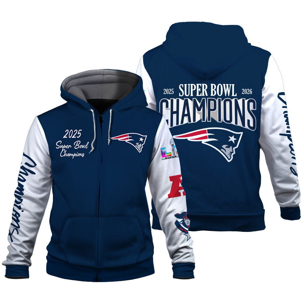 New England Patriots 2025-26 Super Bowl LX Champions 3D Zip Hoodie