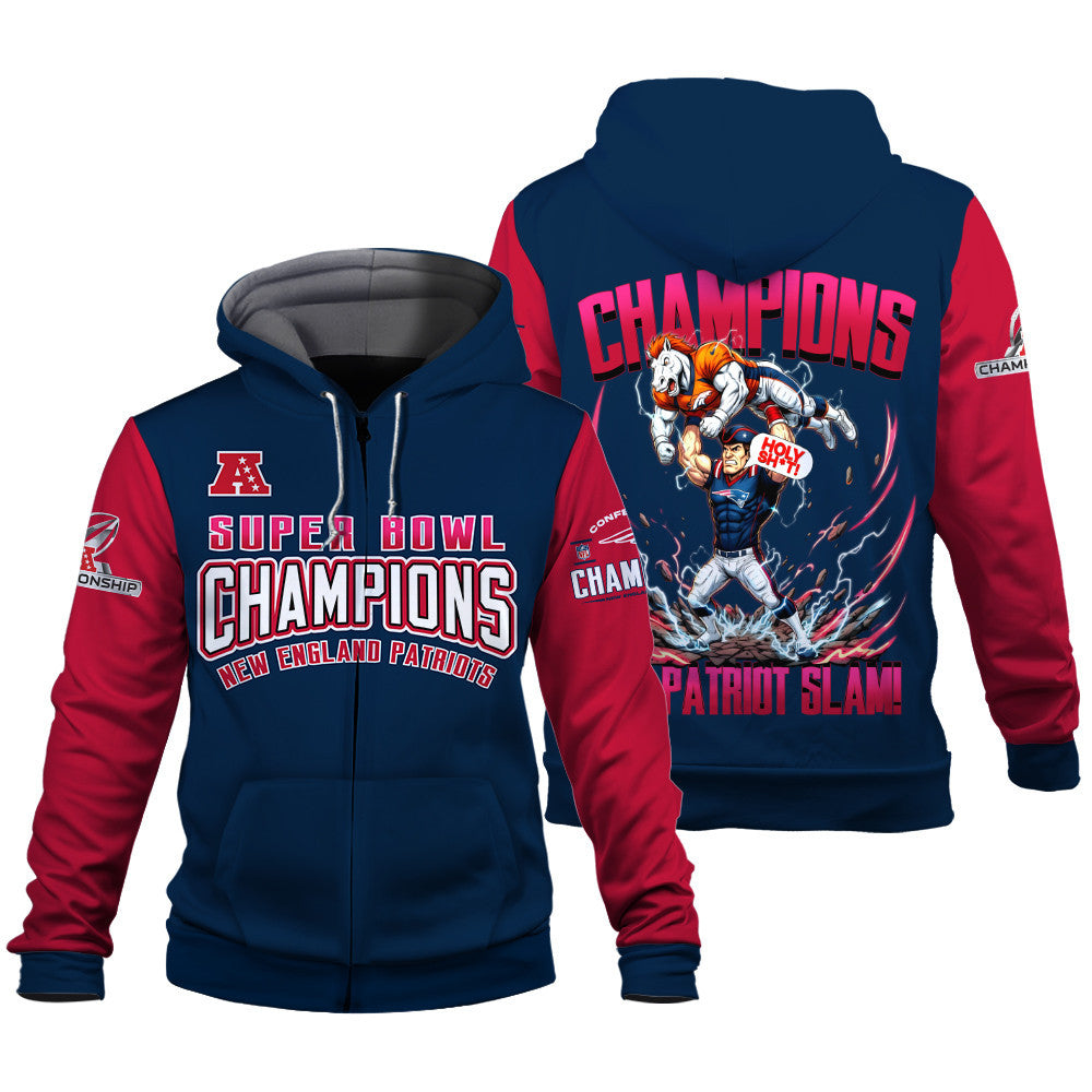 New England Patriots 2025-26 NFC & Super Bowl Champions 3D Zip Hoodie