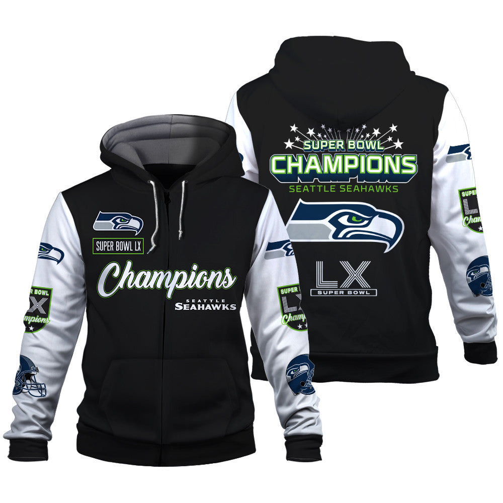 Seattle Seahawks Super Bowl LX Champions Wordmark 3D Zip Hoodie