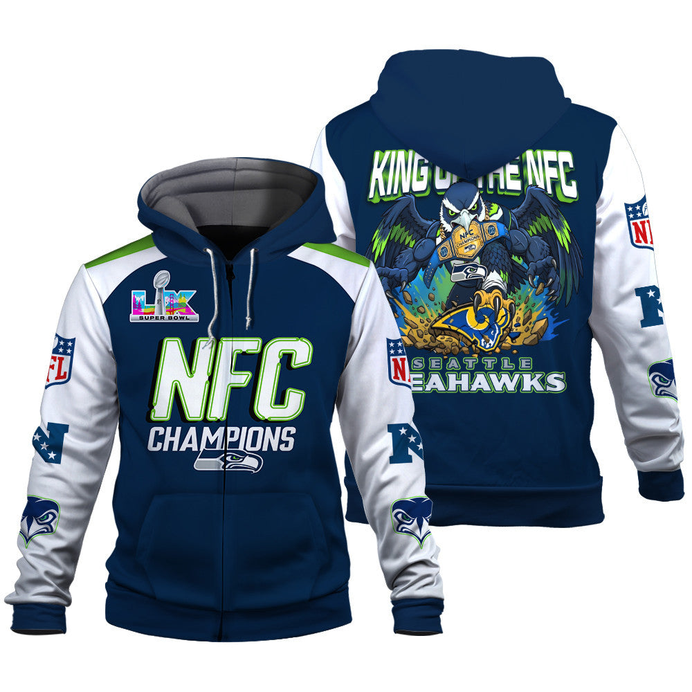 Seattle Seahawks King of The NFC 2025-26 Champions 3D Zip Hoodie