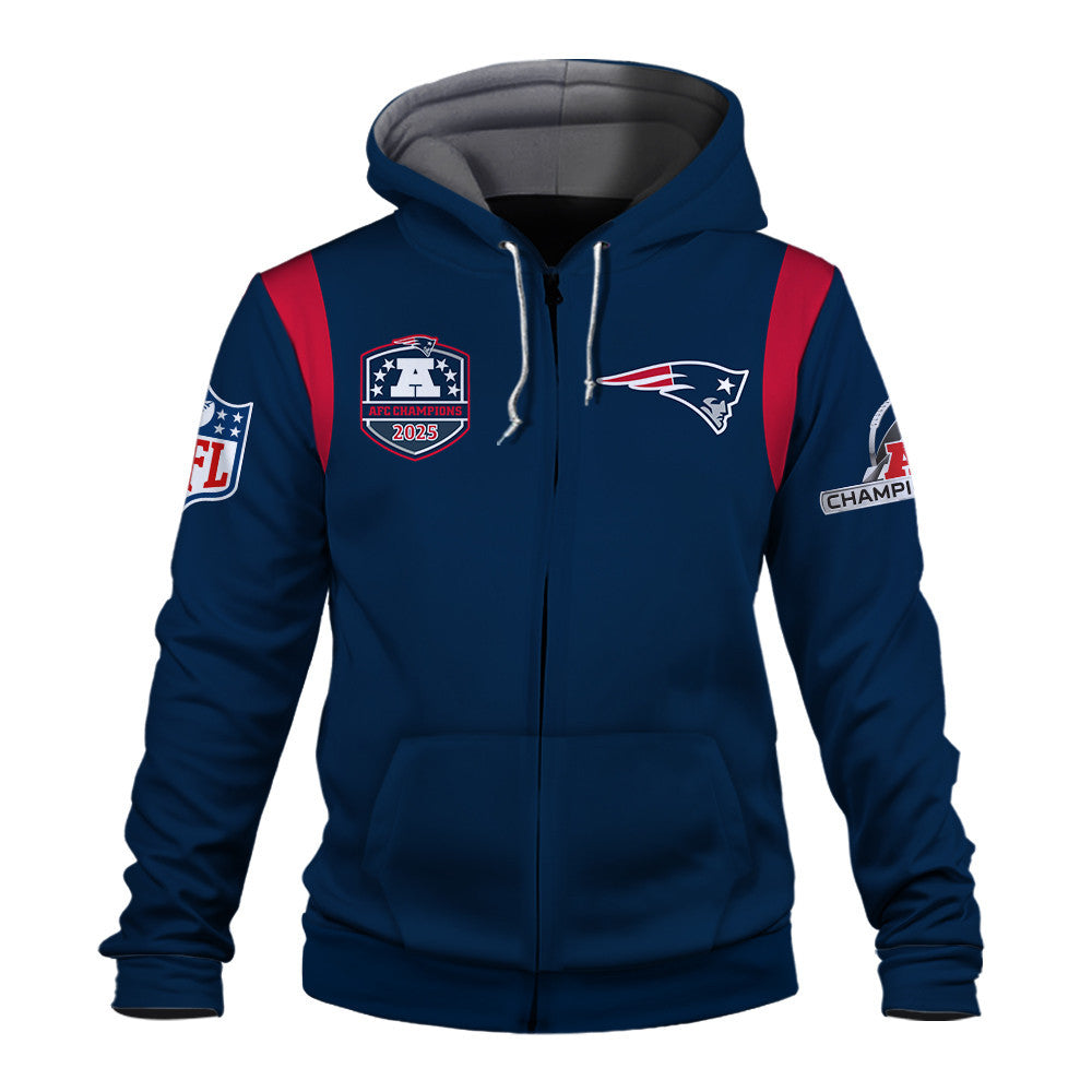 New England Patriots 2025 AFC Champions Built Different 3D Zip Hoodie
