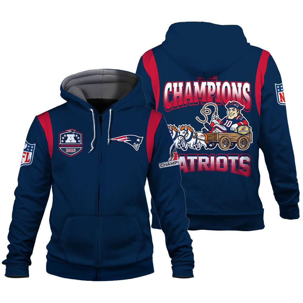 New England Patriots 2025 AFC Champions Built Different 3D Zip Hoodie