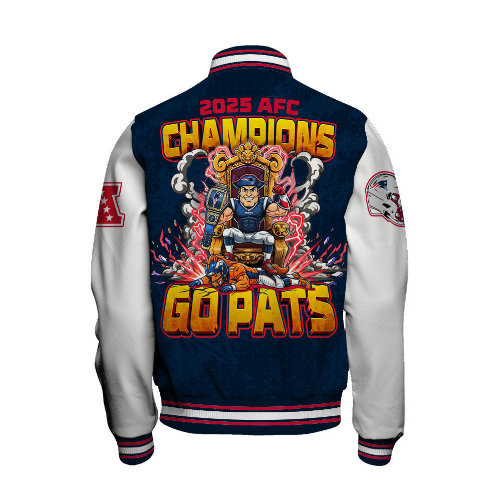 New England Patriots 2025 AFC Champions Mascot Style Varsity Jacket