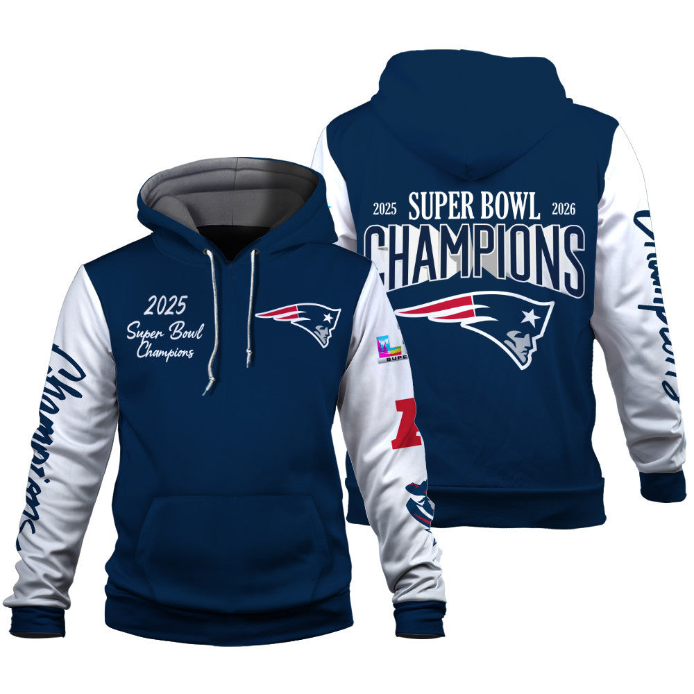 New England Patriots 2025-26 Super Bowl LX Champions 3D Hoodie