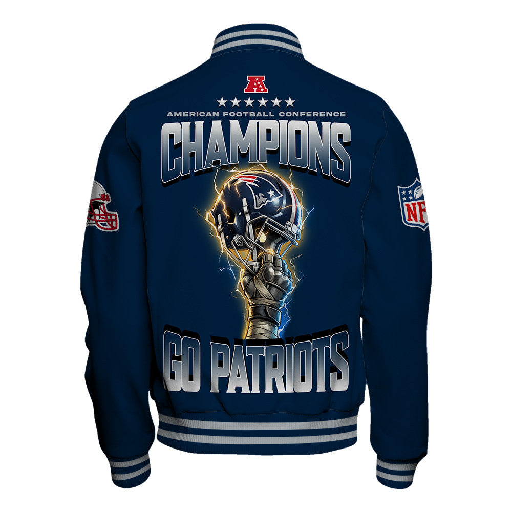 New England Patriots AFC Champions 2025 – Fiery Lightning Varsity Jacket