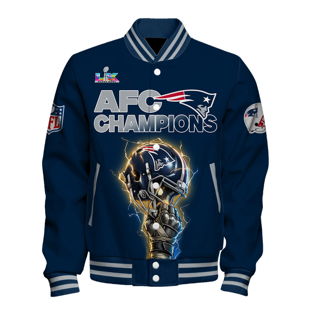 New England Patriots AFC Champions 2025 – Fiery Lightning Varsity Jacket
