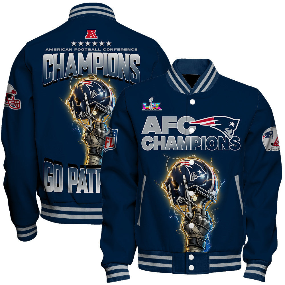 New England Patriots AFC Champions 2025 – Fiery Lightning Varsity Jacket